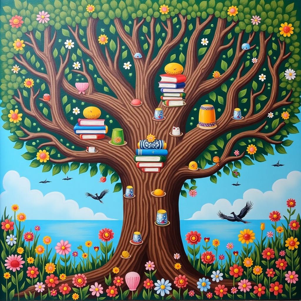 Mural of a tree filled with colorful books in the branches surrounded by flowers and animals near a body of water.