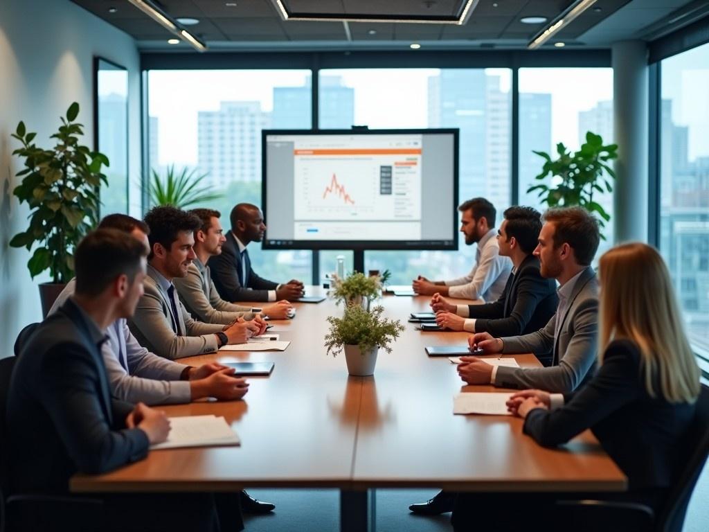 The image portrays a professional business meeting in a modern conference room. A diverse group of people is seated around a long table. They are actively engaging in discussions, showcasing collaboration. The room features large windows with a view of the city, allowing natural light to brighten the environment. Green plants are strategically placed, enhancing the atmosphere. A screen in the background displays a detailed presentation, highlighting a focused and productive work setting.