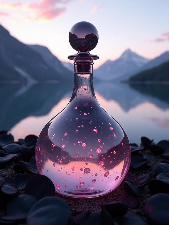 A glass bottle with mirrors creates reflections. Black petals surround the bottle. A lake and mountains appear in the background during dawn. Pink light reflects in the water.