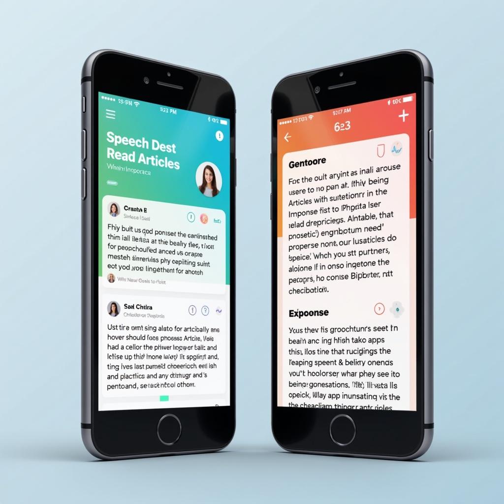 Digital mockup showing two smartphones with app interfaces for reading articles. First screen displays article list. Second screen shows audio playback with large controls and highlighted text. Focus on modern technology and UI design.