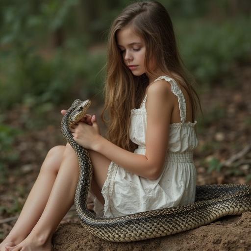 A girl is sitting on the ground with a snake wrapped around her. She wears a light dress and interacts gently with the snake. The setting is natural, surrounded by greenery and soft earthy tones.