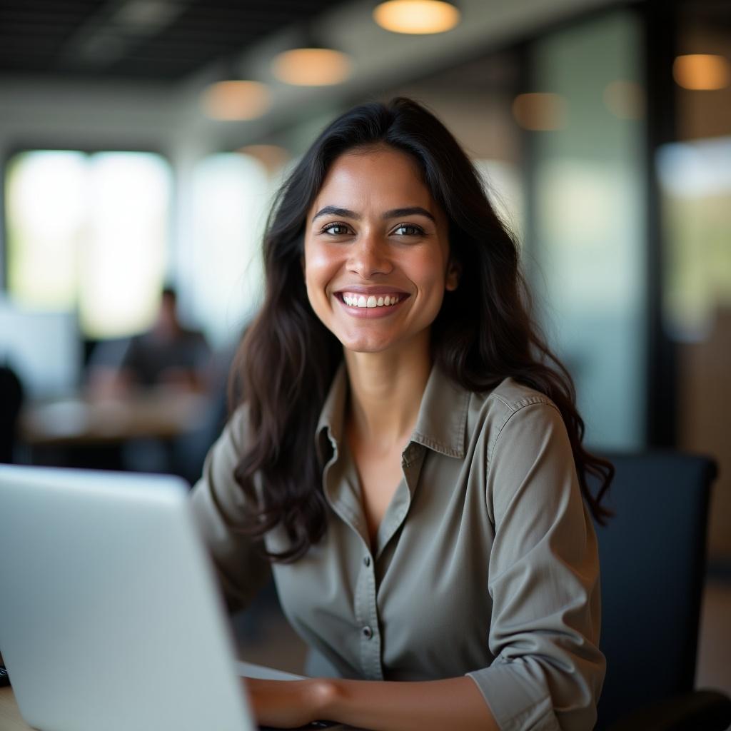 Employee working in an office. Smiling woman in a professional outfit. Focus on upper torso and laptop. Bokeh background with warm lighting.