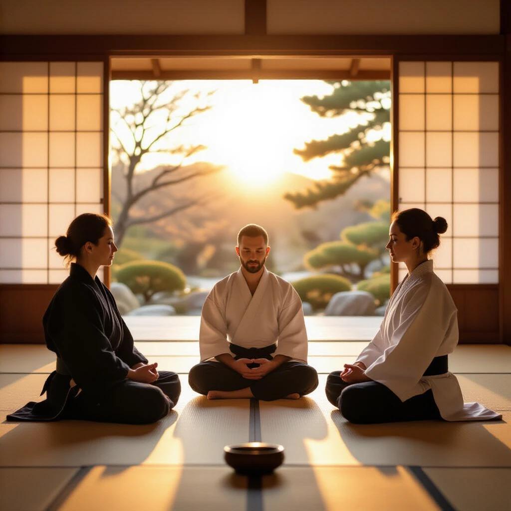 A serene scene in a traditional Aikido dojo at sunset. Three practitioners sit in seiza posture on tatami mats. The door to the garden is open. The dojo is minimalist, decorated with a calligraphy scroll displaying Aikido characters. The atmosphere is calm and peaceful.