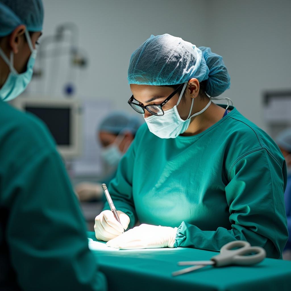 Indian female performs surgery in an operating room. Focus on surgical procedure and medical team dynamics. Bright clinical environment with surgeons dressed in scrubs and masks.