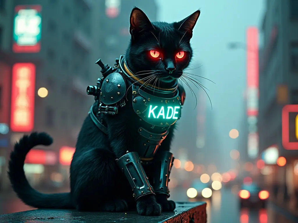 This image features a cyberpunk cat wearing a sleek, metallic robotic costume with glowing neon blue accents. The costume includes detailed elements like exposed wires and hydraulic pistons. The cat's piercing red eyes contrast against the dark background. The text 'KADE' is prominently displayed in neon green on its chest. The setting is a gritty cityscape, with bright neon signs illuminating the atmosphere at night. The cat's dynamic pose exudes energy, and the lighting adds depth to the overall image.