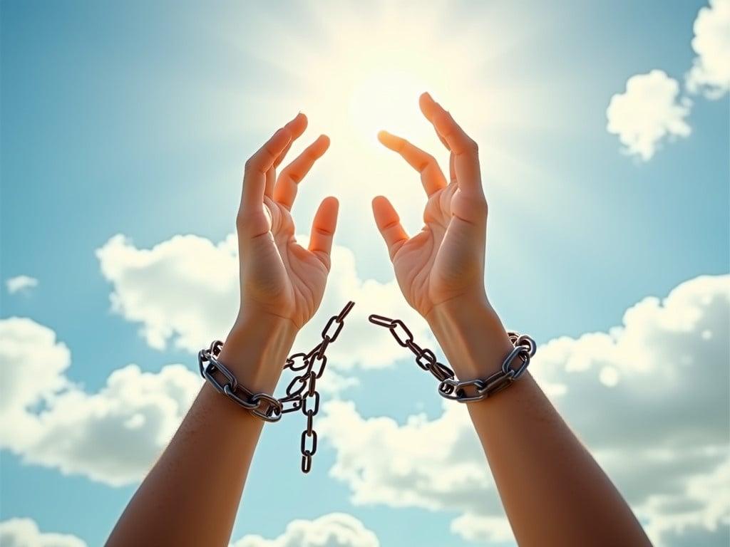 Hands raised towards a bright sky. Broken chains around the wrists. Chains are cracking. Symbolizes freedom and liberation. Background features clouds and sunlight. Represents overcoming obstacles and breaking free.