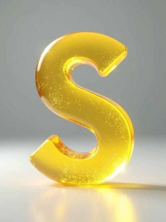 Rendering of the letter S in blackletter style made of yellow crystal. Letter floats above a smooth surface with no visible supports. Surface is smooth glossy capturing light. Features iridescent sparkles. Soft gray gradient backdrop. Mood is minimal and dreamy. Style is ultra-detailed high-gloss realism.