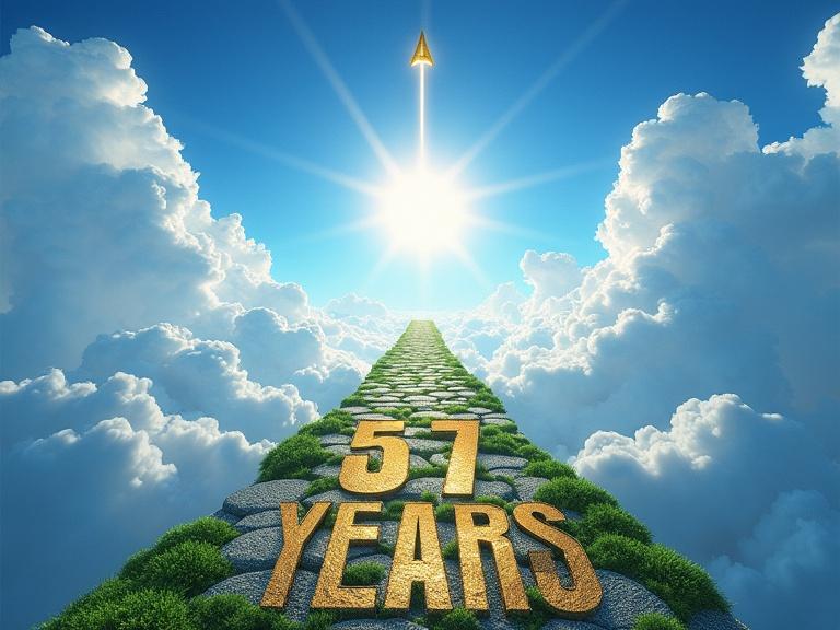 A floating pathway made from moss and crystal pavement rises to the infinite heavens. Intense pure light shines at the center against a cloudless cobalt-blue sky. An elegant arrow displays the text written in the sun with golden letters: '57 YEARS'.