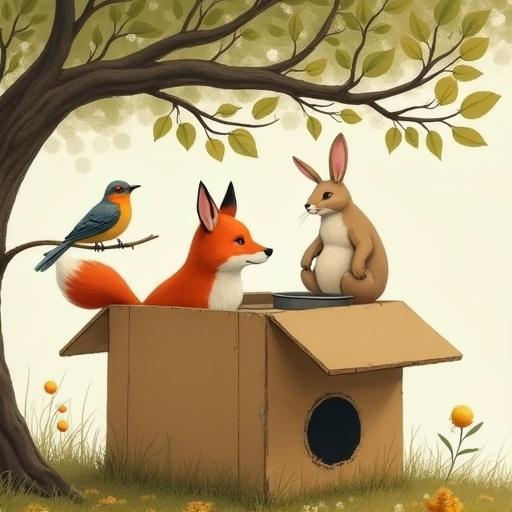 A charming illustration featuring a fox sitting inside a carton box under a tree. A rabbit perches on a pan inside the box. A bird sits on a stick also inside the box. Soft lighting enhances the peaceful scene.