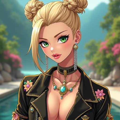 Anime character with emerald green eyes and light blonde hair. Wearing elegant futuristic streetwear. Features big breasts, muscular arms, and visible jewelry. Set in a luxurious pop music video with colorful backgrounds and traditional tattoos.