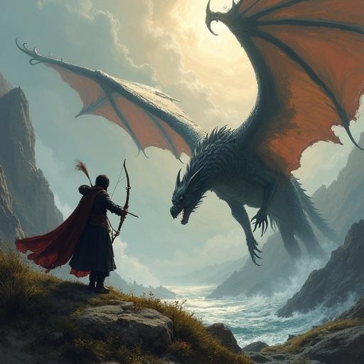 Scene of an archer fighting a dragon on a dramatic landscape. Heroic figure poses capture the tension. Dark fantasy elements include a mythical dragon. The painting has an ethereal, traditional style. Soft colors create a muted atmosphere. Lighting is diffused to enhance mood.