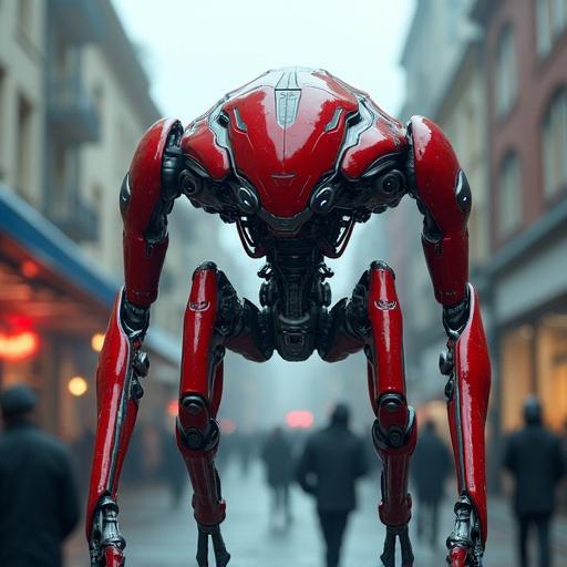Create an image of a huge red and silver mechanical robot in urban plaza. Robot has sleek, slender design with two legs and four arms. Features are bio-organic elements and mechanical wings. Glowing blue lights enhance details.