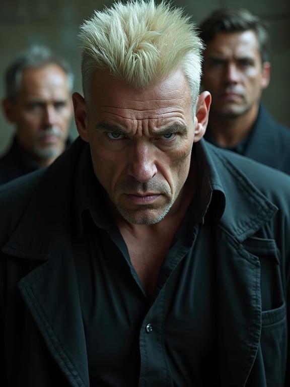 Ultra photorealistic large man with spiked white blond hair and dark clothing stares menacingly. Middle aged man with thin face looks over his shoulder. Both men have intimidating expressions. Image captured from low angle.