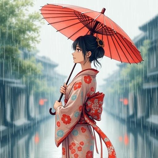 Anime style watercolor illustration showing a woman in a colorful kimono standing in the rain holding a red umbrella. The background features a traditional Japanese setting with muted colors creating a nostalgic atmosphere.
