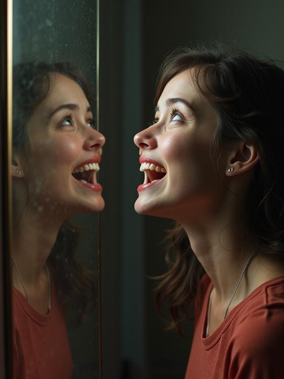 Woman looks up with a puzzled expression. Reflection shows a wide unnatural grin. Real face displays confusion and fear. Close-up portrait.