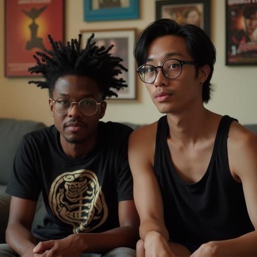 Two young males sit on a couch in a living room. One male has starter dreadlocks and glasses wearing a Cobra Kai T-shirt. The other male has round glasses and straight black hair wearing a black tank top. Movie posters decorate the room around them. They appear to be staring at something.