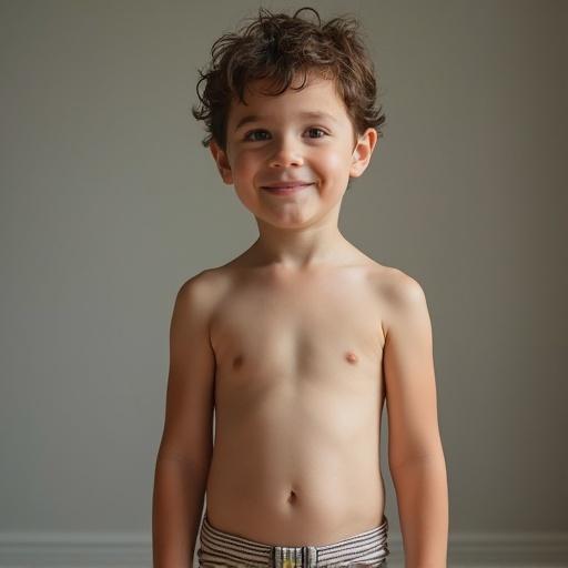 A cute little boy 7 years old is smiling. The boy is topless and wearing underoos. The setting has soft lighting. The focus is on the child's happy expression.