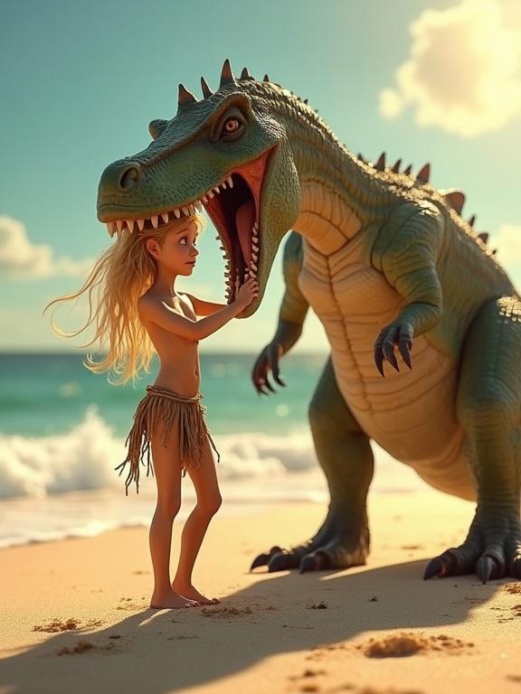 Close up shot below view of a young tribal girl and a dinosaur on a beach. The girl is wearing a loincloth and dancing playfully. The dinosaur has an open mouth but is gentle. They are under the sun with waves in the background. A cinematic and peaceful moment is captured.