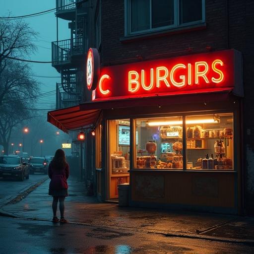 A burger shop is located in the city center. A girl is standing outside the shop. The image captures a moody atmosphere. The scene is set in Abu Dhabi city at night.