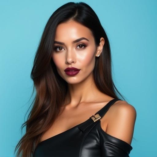 Photorealistic medium shot studio portrait of a woman. Woman looks confidently at the viewer. She has an oval face with high cheekbones. Defined jawline and pointed chin. Thick dark eyebrows with an angular arch. Almond-shaped brown eyes with upturned corners. Defined straight nose with a rounded tip. Full lips with dark berry lipstick. Long straight dark brown hair falls over one shoulder. Wears black leather asymmetric top with cross details. Clean bright lighting against a solid light blue background. High detail, sharp focus.