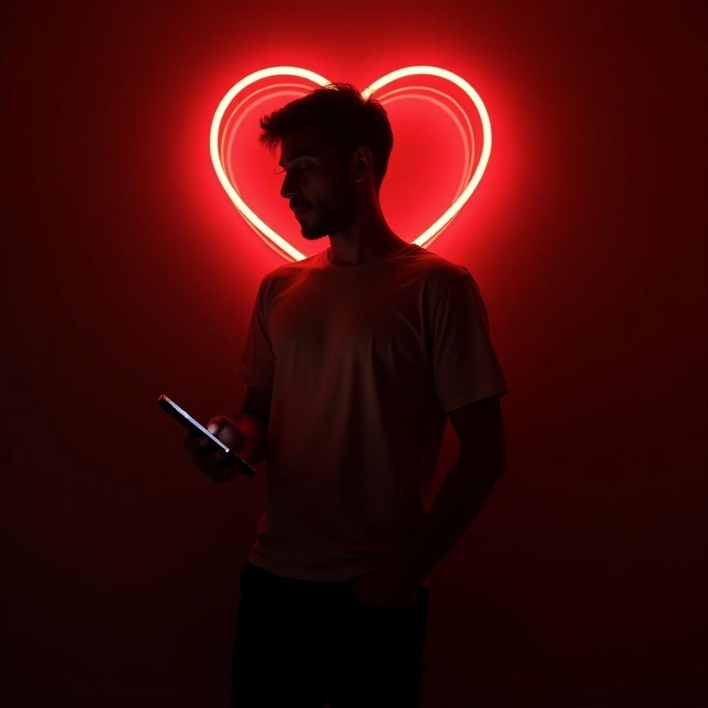 A man stands holding a phone. He is silhouetted against a glowing red neon heart sign. The heart sign creates a warm ambiance.