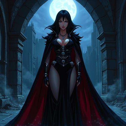 Vampire hunter character in a revealing Death knight outfit. Standing in a dark castle. Gothic horror elements surrounding. Nostalgic feel of 1990 anime style.