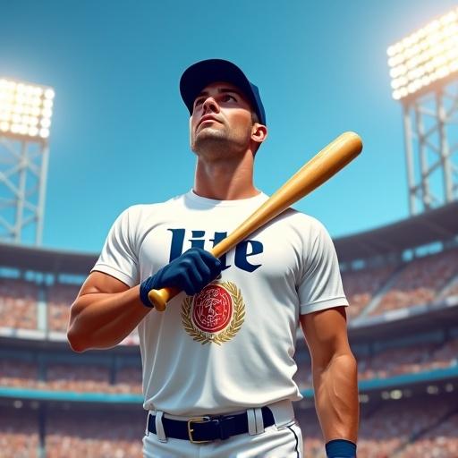 A highly detailed digital illustration of an athletic baseball player in a modern stadium. Player holds a bat confidently and looks up. He wears a white T-shirt with a bold 'Lite' logo and beer emblem. The stadium is filled with a lively crowd under blue skies and LED lights. Lighting enhances muscle definition and fabric texture. Vivid colors add energy, with a balanced composition that keeps the player in focus against a blurred background. Designed for high-resolution prints and advertising.
