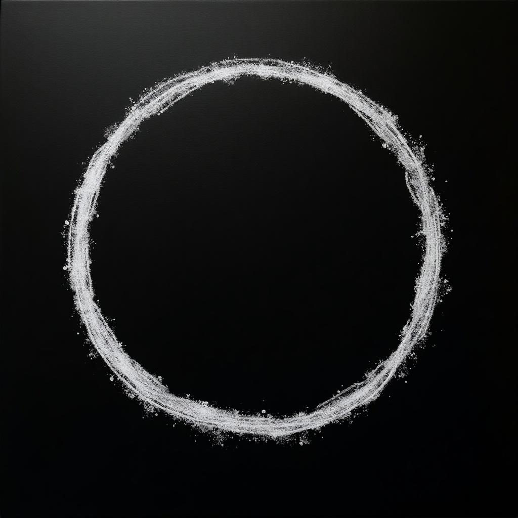 White chalk circle drawn on a black surface. The outline is perfectly round and slightly textured. The contrast is striking and visually appealing. This minimalist design highlights geometric forms and artistic expression.