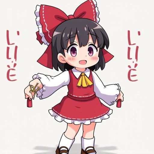 Cheerful young girl in red dress with a big bow animated style.