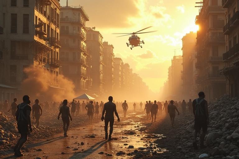 A chaotic sun-drenched cityscape with smoking wreckage grotesque zombies walking in the streets beneath a helicopter overhead