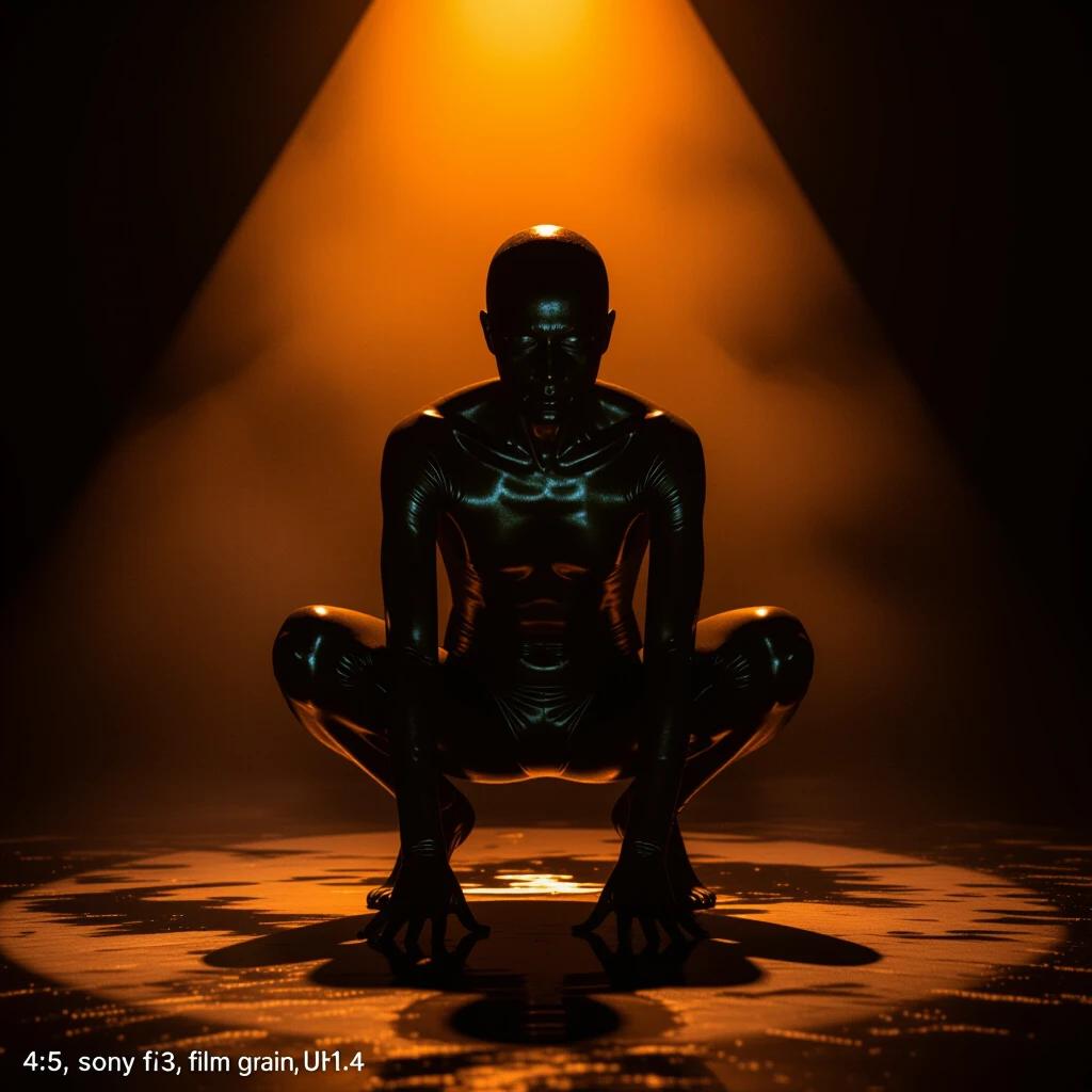 A humanoid figure with no facial features crouches in a dark void. Illuminated by an eerie orange spotlight from above. Glossy, wax-like skin reflects the light unnaturally. The background is dominated by burnt orange while the silhouette blends into shadows.