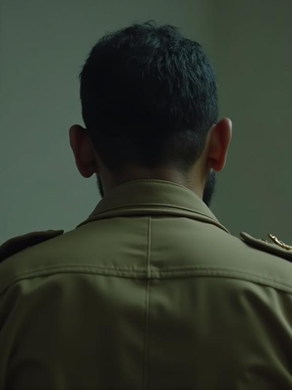 Rear view of a Kuwaiti officer in khaki with an angry demeanor. The officer is leaning forward, engaged in interrogation. Military insignia is faintly visible. The environment is illuminated with cold ambient lighting. The depth of field focuses on the profile of a suspect.