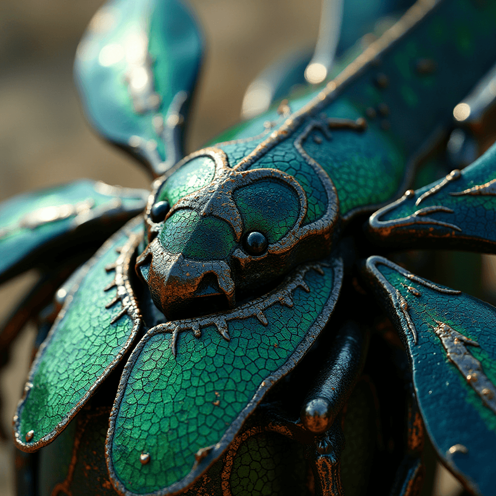 The image shows a close-up of a detailed metallic sculpture of an insect with shiny green wings.