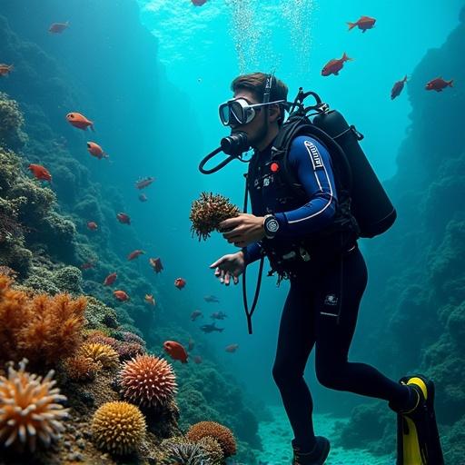 A scuba diver engages in collecting ornamental fish surrounded by coral and colorful fish. The scene captures a vibrant underwater ecosystem. The diver is fully equipped with gear while interacting with marine life.