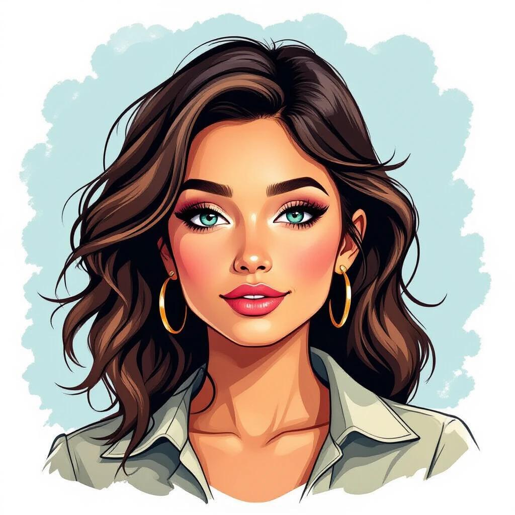 A portrait of a woman with captivating style. She has wavy hair. She wears stylish earrings. The background is a soft blue. The focus is on her hair and outfit. The illustration has a modern touch.