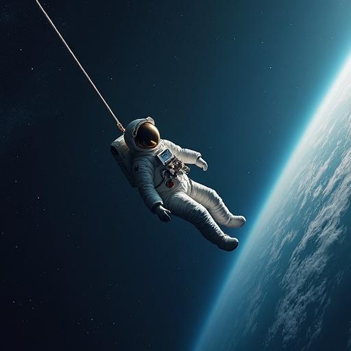A long shot features an astronaut isolated in the vast space, attached to a single rope. The background shows Earth.