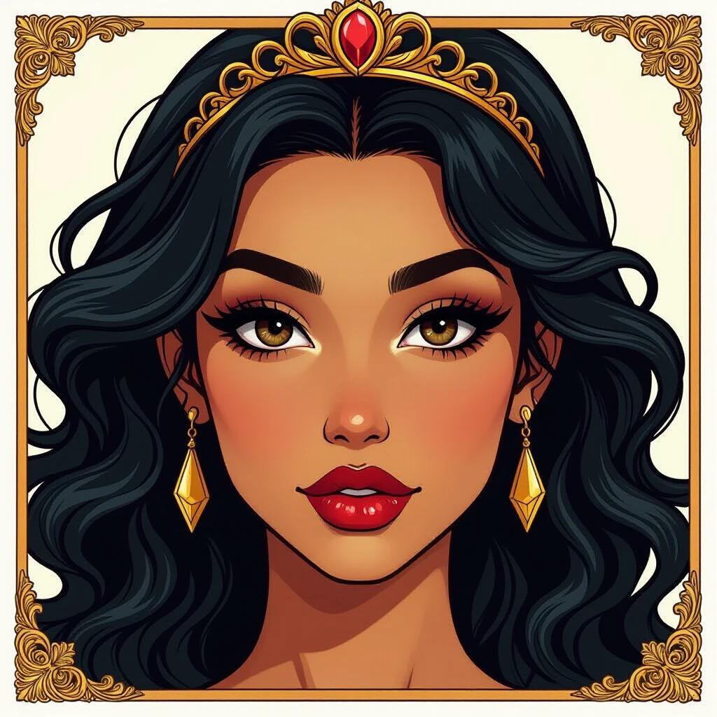 Ultra-detailed female character portrait featuring olive skin with black wavy hair styled under a tiara. The character is designed in a comic book style, emphasizing sharp lines and vibrant colors.