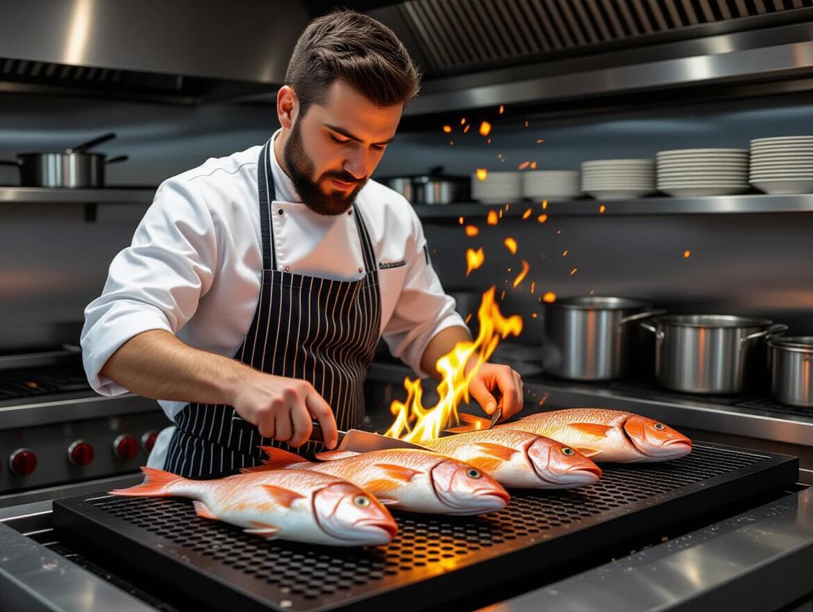 Professional chef cooks fresh red snapper fish on black grill in modern kitchen. Chef wears white coat and black striped apron. Multiple whole red snapper being grilled on large perforated grill surface. Flames visible under the fish creating sparks. Kitchen background shows stainless steel equipment and white ceramic plates. Warm lighting highlights the cooking process. Chef focused on grilling action leaning forward while handling fish.