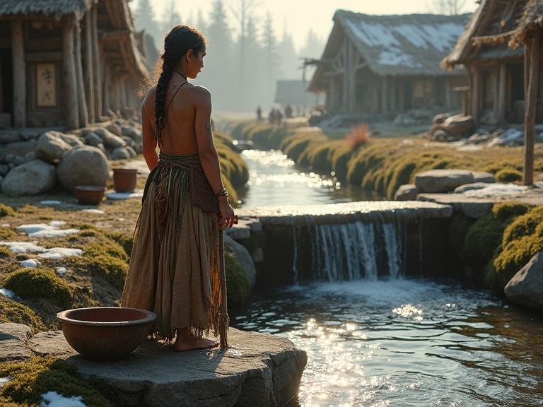 Scene depicts a young woman in a Bronze Age village beside a stone aqueduct. She washes clothes on a stone slab. The setting shows patches of melting snow in a northern climate. Soft golden sunlight creates a warm atmosphere around her. She wears a wool and bark fiber tunic tied with braided cords and has tattoos. Surroundings include moss-covered huts and natural elements. The scene captures the details of materials and textures effectively.