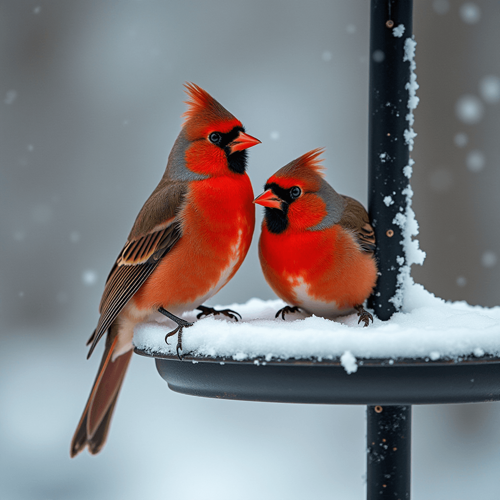 Two vibrant red cardinals are perched on a snowy surface during snowfall.