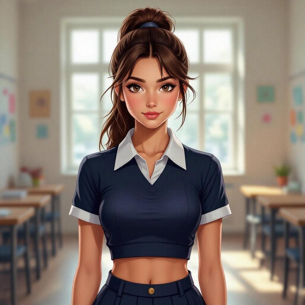 A portrayal of a girl with a high ponytail in a cropped uniform top and stylish shorts. Slim figure with emphasis on her midriff. Brown eyes engaging directly with the viewer.