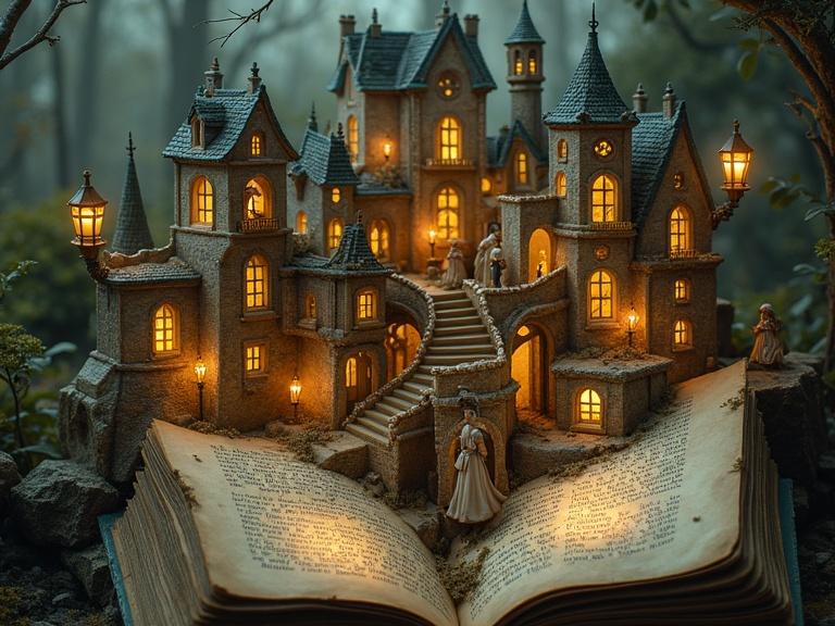 A miniature city within ancient book pages with glowing windows, rope bridges, winding staircases, tiny people in elaborate clothing, illuminated by soft magical lanterns. Style blending whimsy and fantasy with intricate details and dreamlike quality.