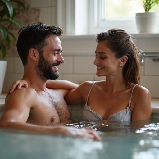 Image of a man with his wife enjoying a bath together. They are smiling and relaxed. Natural light fills the scene.