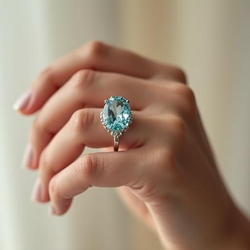 Photorealistic image of a female hand with French manicure wearing an oval-cut aquamarine ring in 18k white gold. The hand is at a 45-degree angle with soft studio lighting. Background features a blurred gradient of ivory and champagne. Ultra sharp focus on the ring with shallow depth of field and luxurious aesthetic.