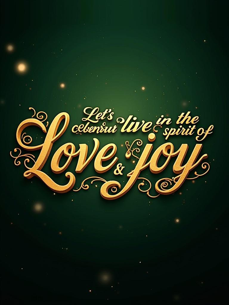 A richly embellished golden sentence 'Let's celebrate the spirit of love, joy & peace' with intricate designs. Set against a dark green background with glowing particle effects.