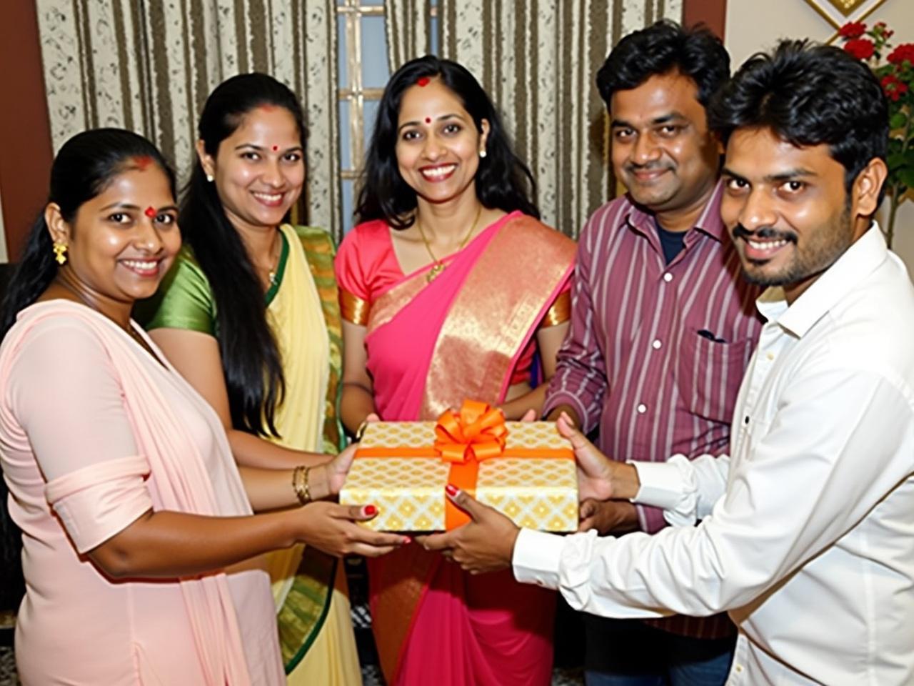 The image shows a group of people gathered together, smiling and holding a gift box. They are dressed in traditional attire, with some wearing sarees and others in casual shirts. The gift box is wrapped in a patterned paper with an orange ribbon tied in a bow on top. The background is a cozy setting with curtains and some decorative flowers visible. This scene suggests a celebration or special occasion, possibly a family gathering or festive event.