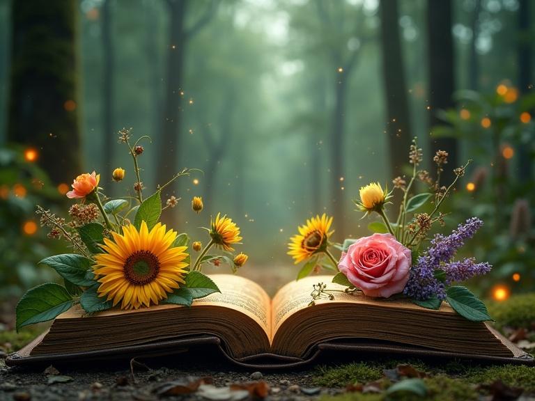 Hyperrealistic image of an open antique book with dark leather covers and gold embossing. The book has illustrated pages with flowers and vines. Background features an enchanted forest with glowing moss. Soft lights filter through the trees. Dreamlike atmosphere with luminous particles. Center space has neutral lighting.