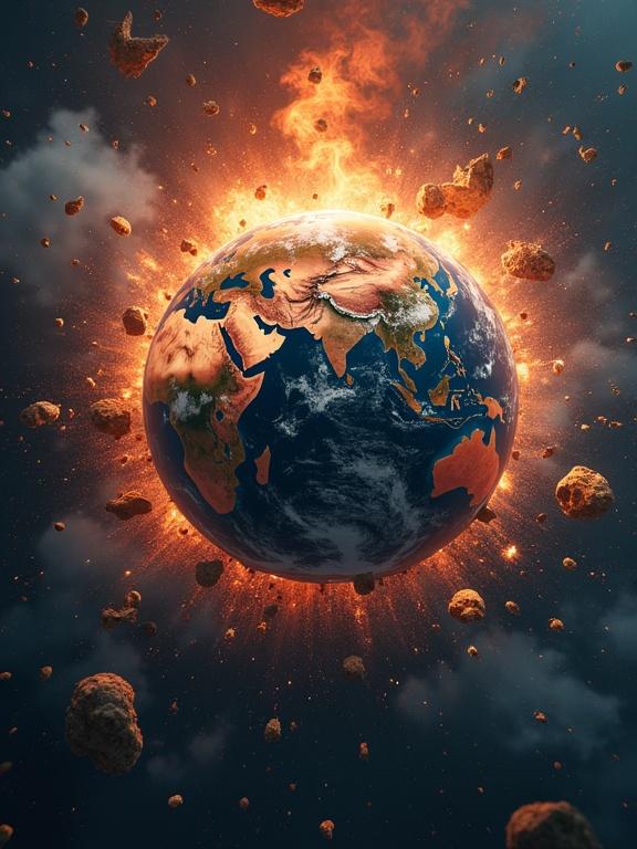 Planet Earth is dramatically shattering with pieces falling apart and exploding. The illustration features intense lighting and a heightened sense of loss. This is a stylized representation of the event.