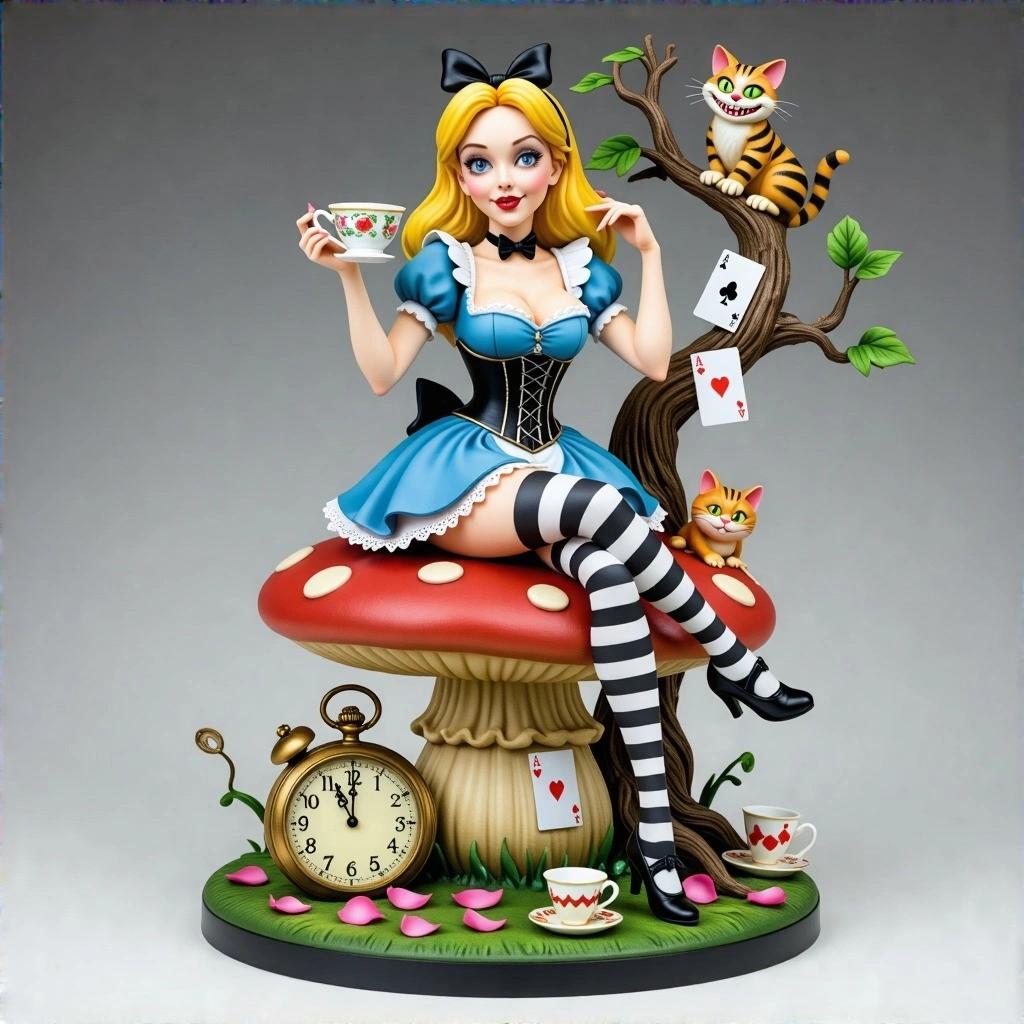 A detailed resin statue of a stylized woman inspired by Alice in Wonderland. She sits atop a decorative toadstool in a flirtatious pose. Teacup in hand, she wears a fitted corset and short skirt with striped stockings. Expression is playful and confident. A small tree with a grinning cat and playing cards is behind her. At the base are a pocket watch, overturned cups, petals, and teaspoons. Miniature theatrical scene with attention to composition.