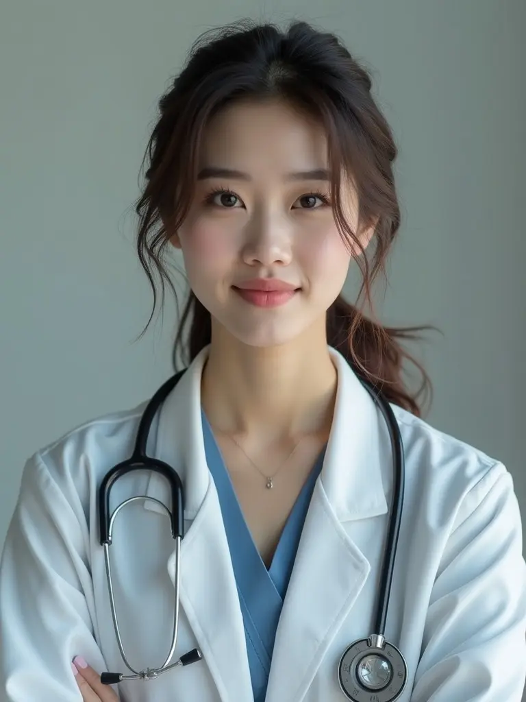 Professional female doctor wearing a white coat with a stethoscope. Gentle light enhances the atmosphere. Focus on the doctor as a role model in healthcare.